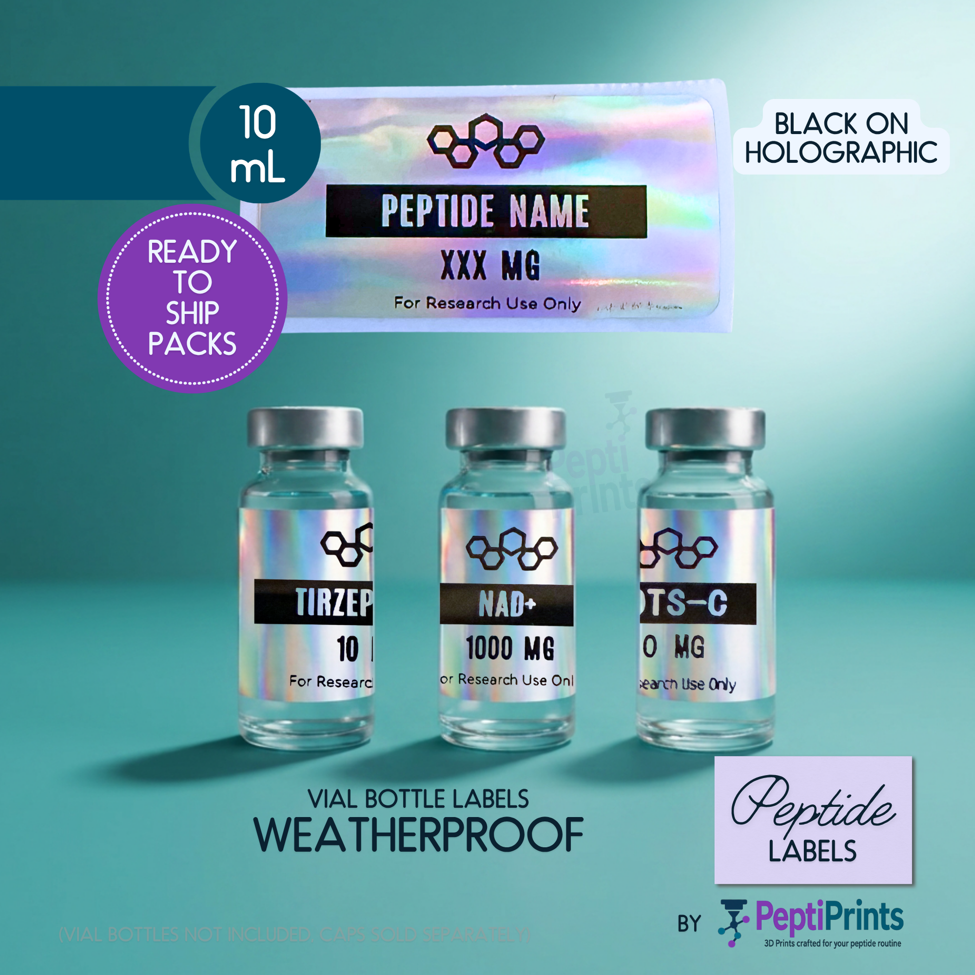Peptide Vial Labels Ready-to-Ship — Holographic Labels with Black - Simple Hexagon Design