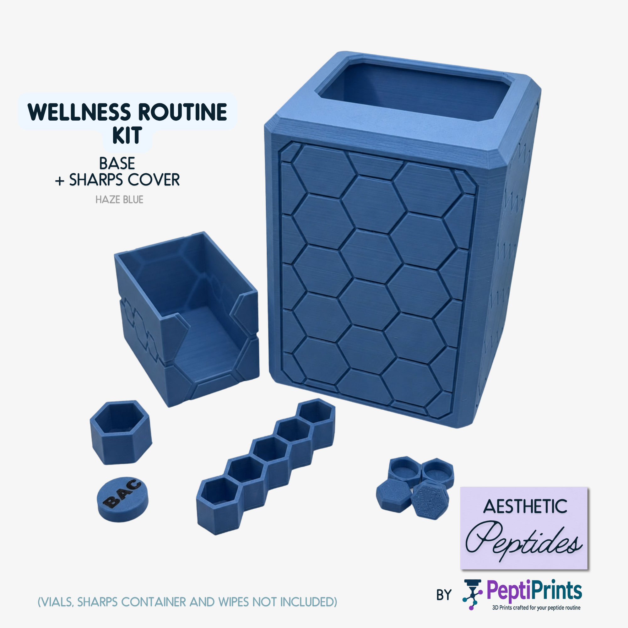 Hexagon syringe disposal cover in haze blue displayed as part of a peptide wellness station setup