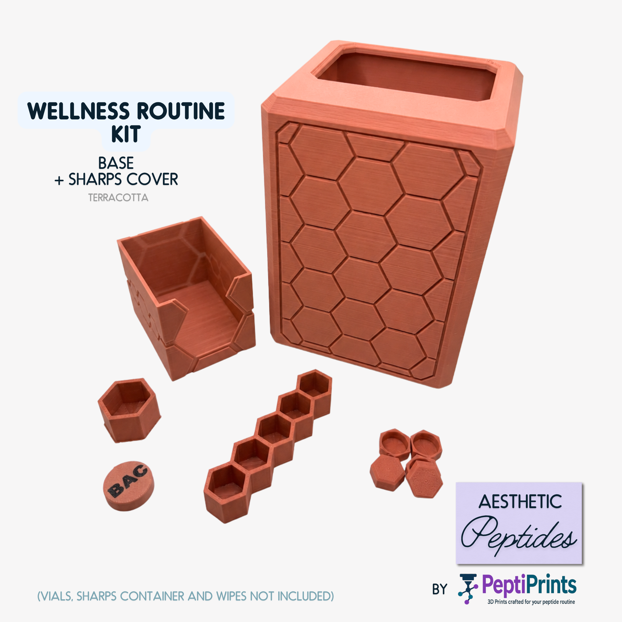 Hexagon syringe disposal cover in terracotta displayed as part of a peptide wellness station setup