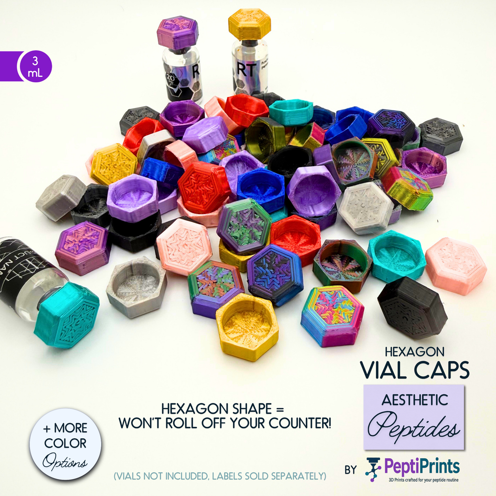 Hexagon Shaped Peptide Vial Cap Covers • Brand Color Aligned Vial Lids • Reusable Vial Cover • Silky Hexagon