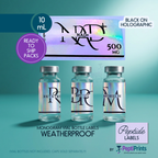 Three small clear vials with silver caps and holographic iridescent labels are shown on a teal gradient background. Above them is a larger rectangular vial package with black stylized lettering and text reading 'BLACK ON HOLOGRAPHIC' and '500 MG.