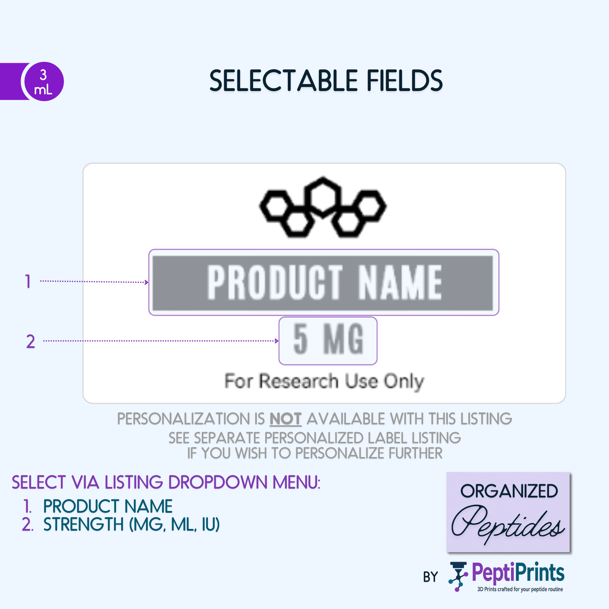Peptide Vial Labels Ready-to-Ship — Holographic Labels with Black - Simple Hexagon Design