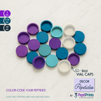 Color-coded vial caps in purple, dark teal, light teal, and white on a light white marble background with 'PeptiPrints' branding.