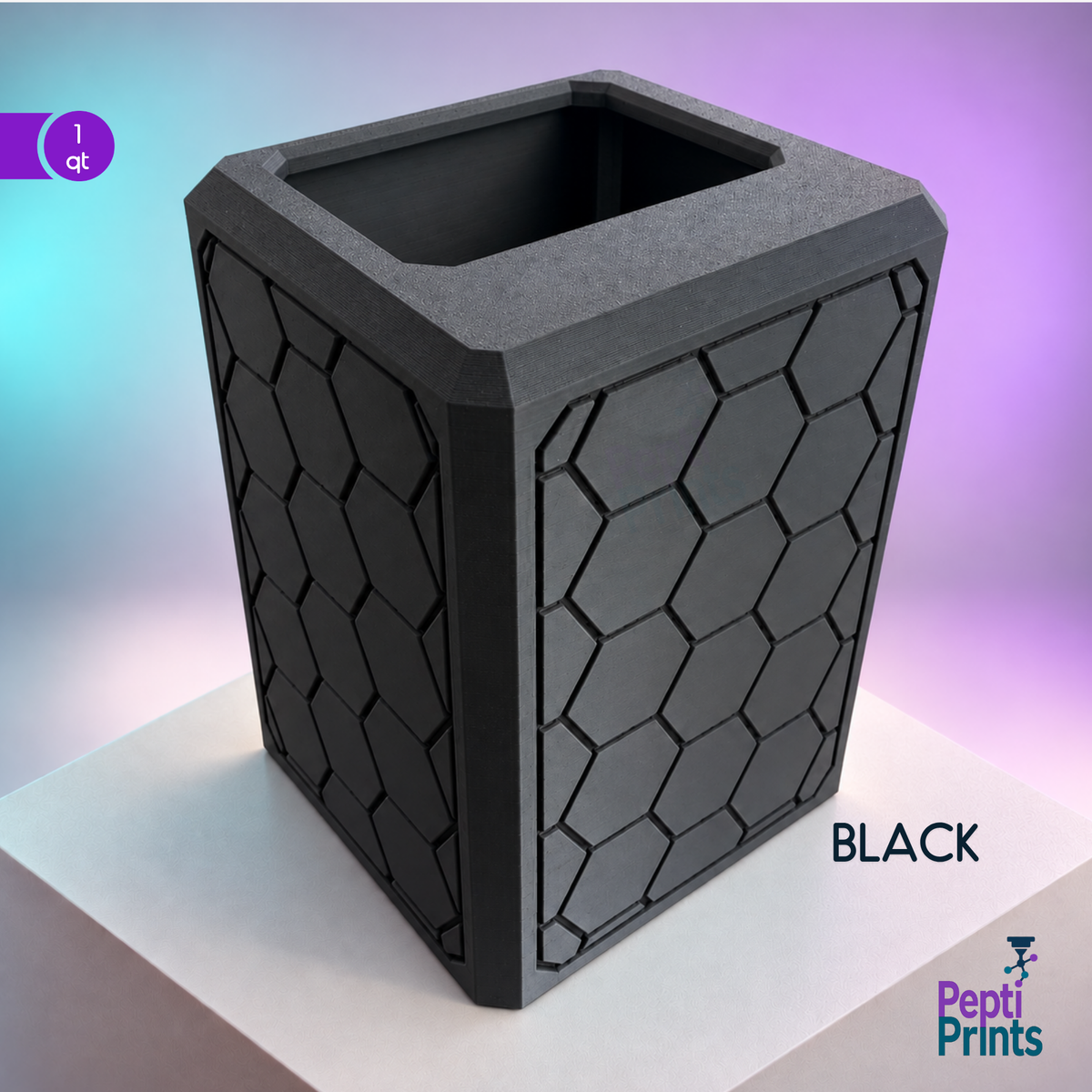 Hexagon syringe disposal covers shown in black on teal and purple studio backdrop