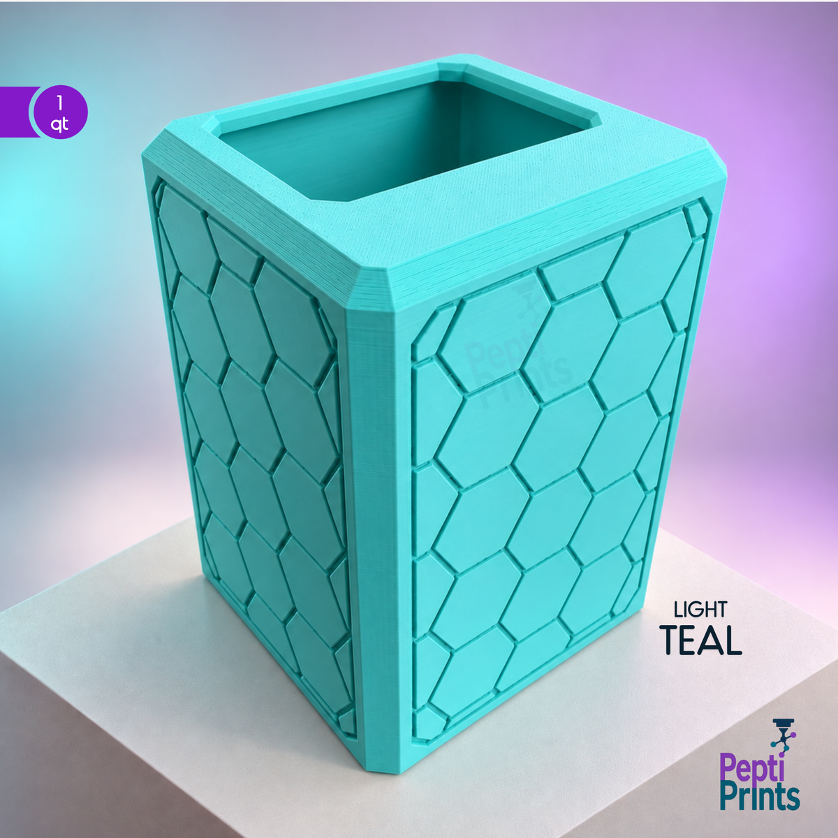 Hexagon syringe disposal covers shown in light teal on teal and purple studio backdrop