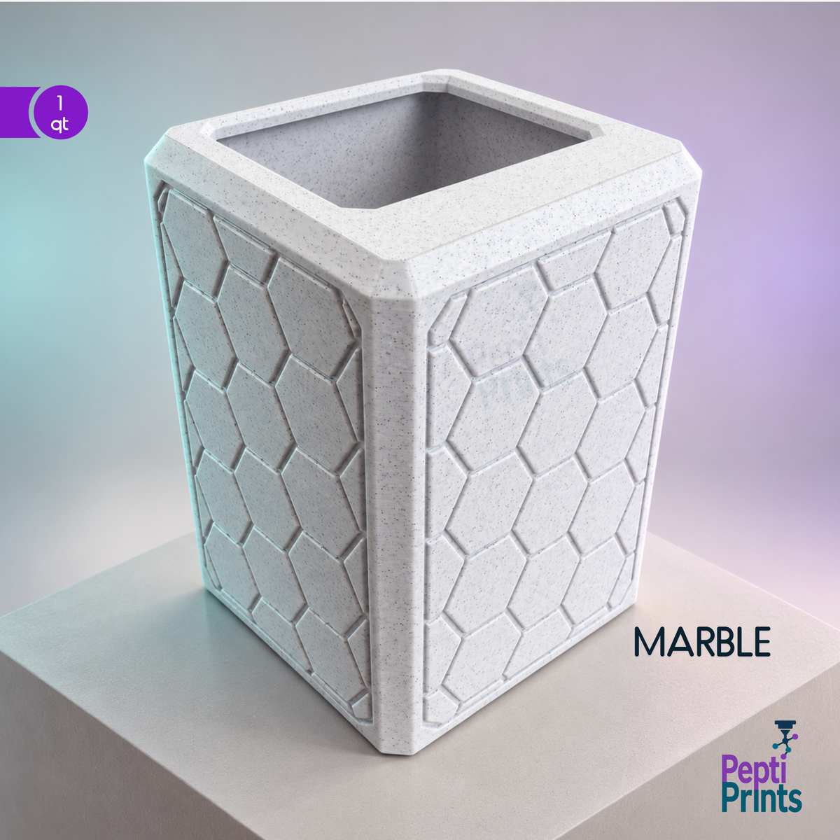 Hexagon syringe disposal covers shown in marble on teal and purple studio backdrop