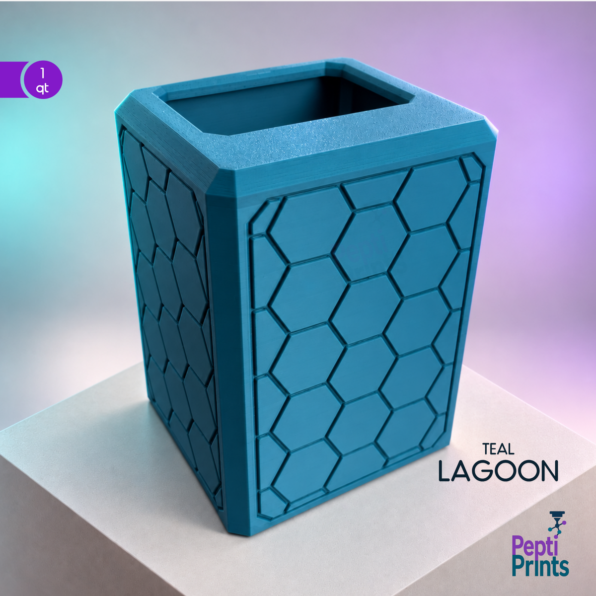 Hexagon syringe disposal covers shown in teal lagoon on teal and purple studio backdrop