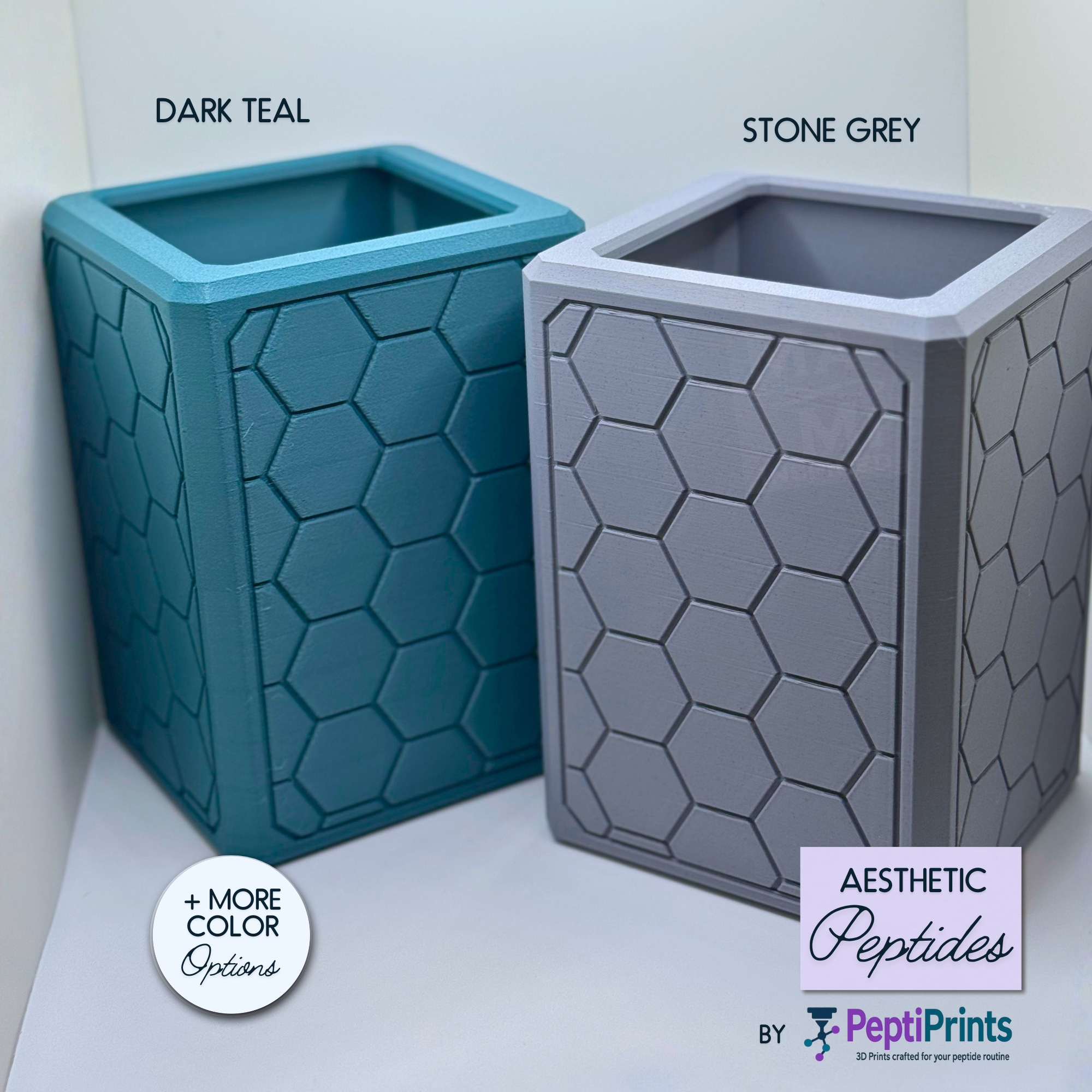 Hexagon syringe disposal covers shown side by side in teal and stone grey color options