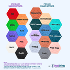 Hexagonal color swatches with labeled colors on a white background, featuring PeptiPrints branding.