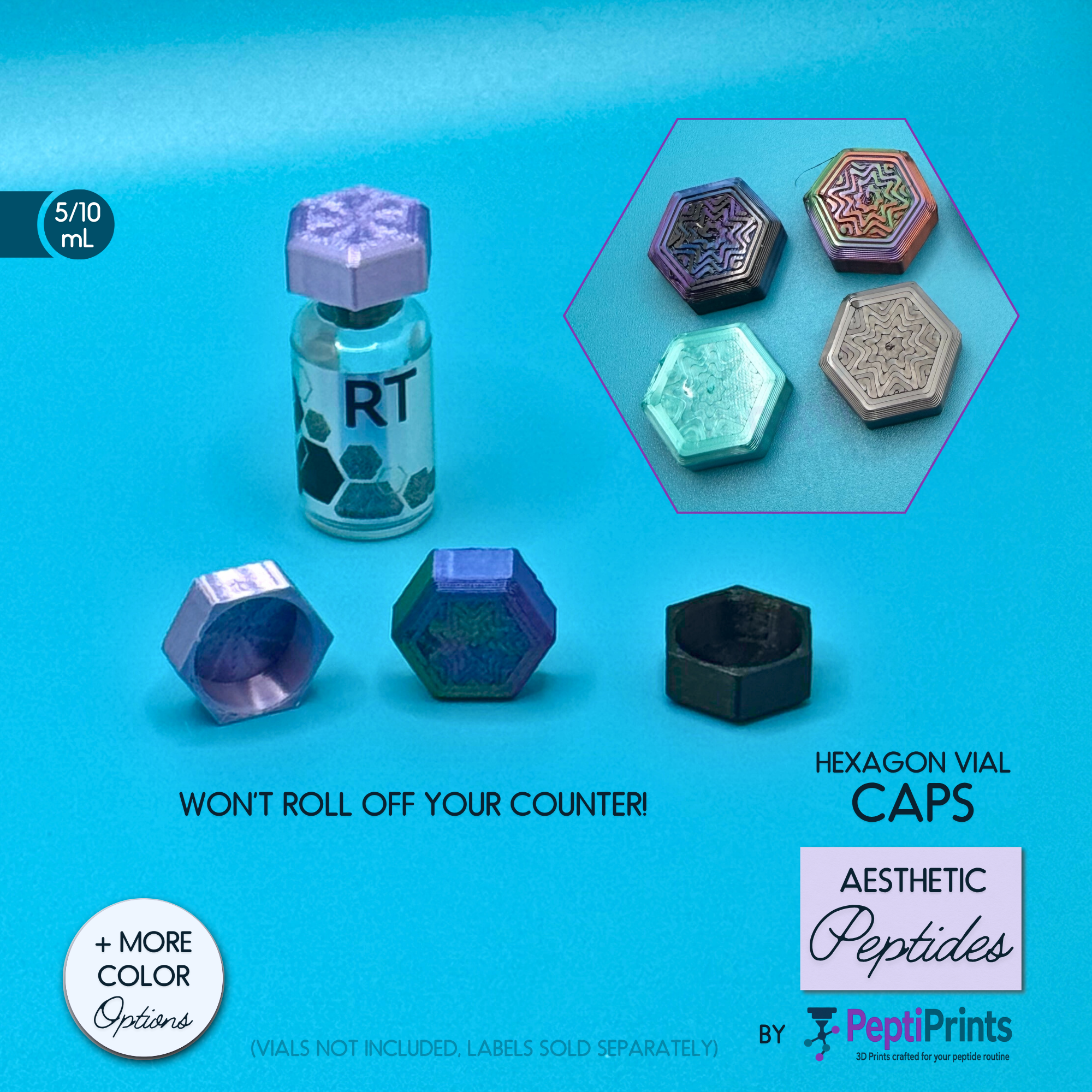 Hexagon Shaped Peptide Vial Cap Covers • Brand Color Aligned Vial Lids • Reusable Vial Cover • Silky Hexagon