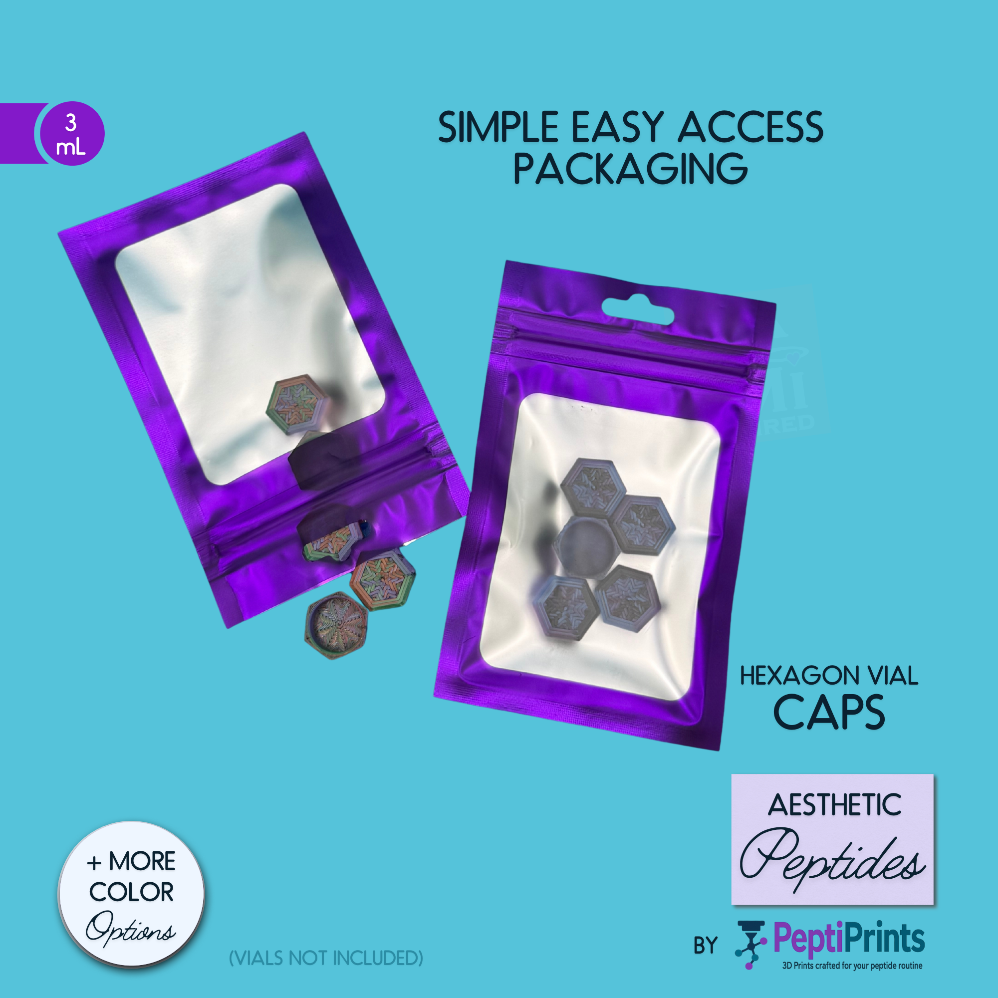 Hexagon Shaped Peptide Vial Cap Covers • Brand Color Aligned Vial Lids • Reusable Vial Cover • Silky Hexagon