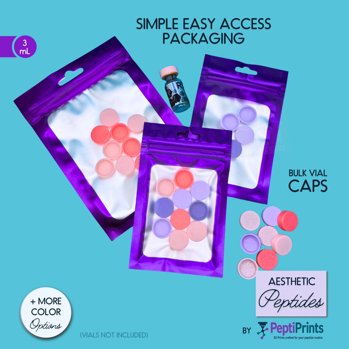 Purple packaging with colorful caps on a teal background, featuring text about 'Simple Easy Access Packaging' and 'Aesthetic Peptides'.