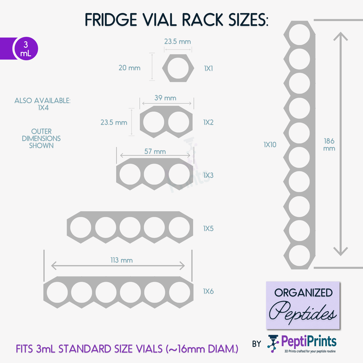 A dimension diagram showing different fridge vial rack sizes with measurements, including a 3 mL size and options labeled 1X1 through 1X6, with the brand PeppiPrints shown at the bottom.