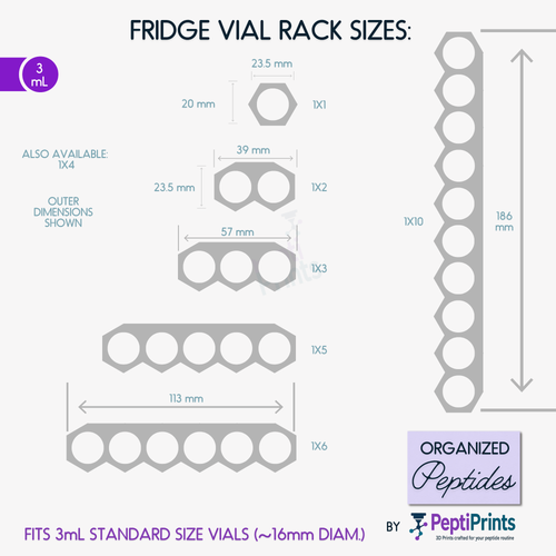 A dimension diagram showing different fridge vial rack sizes with measurements, including a 3 mL size and options labeled 1X1 through 1X6, with the brand PeppiPrints shown at the bottom.