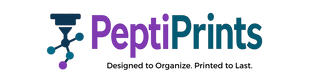 PeptiPrints logo with text 'Designed to Organize. Printed to Last.'