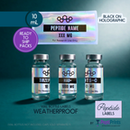 Holographic black hexagon-design peptide vial label sized for 10mL vials