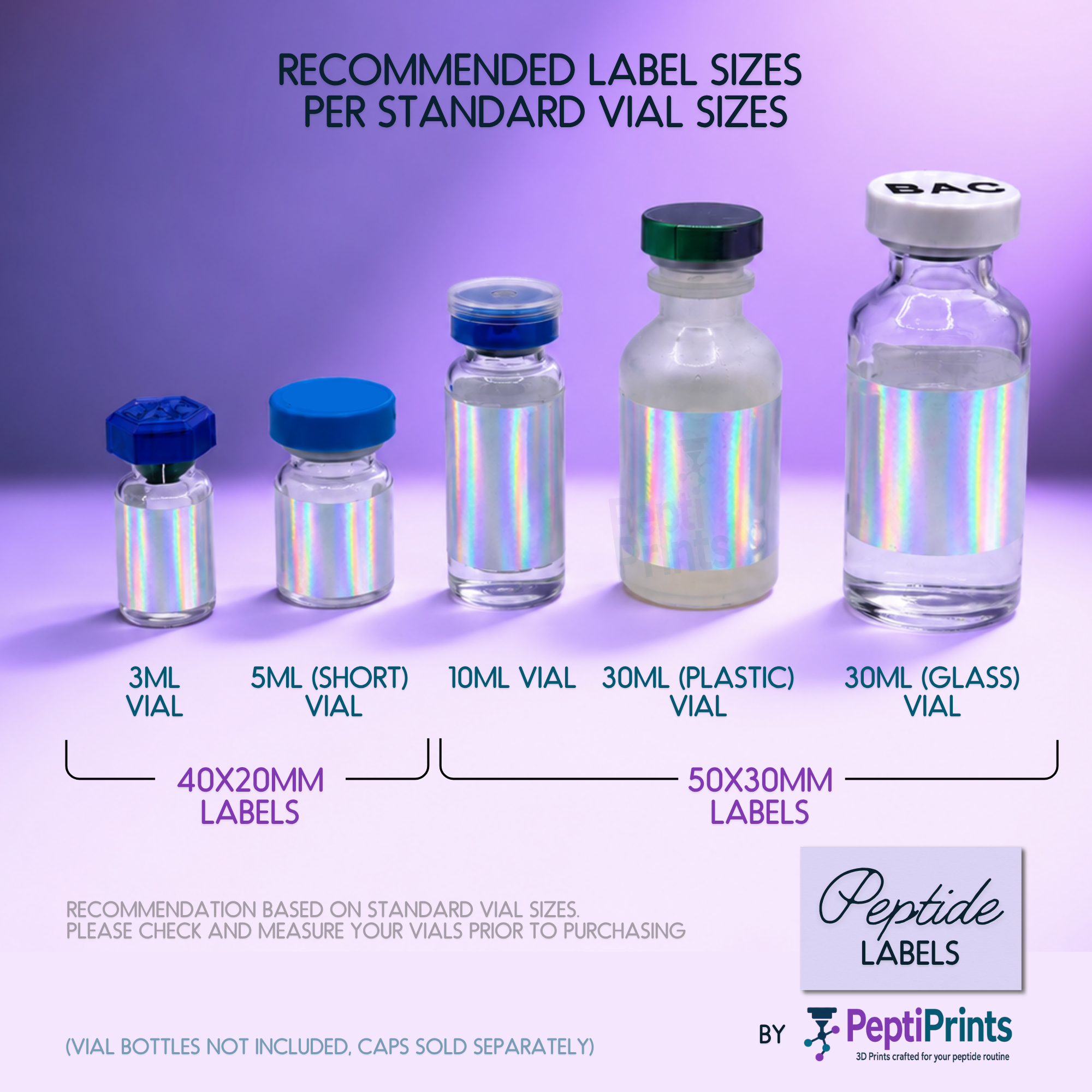 Peptide Vial Labels Ready-to-Ship — Holographic Labels with Black - Simple Hexagon Design