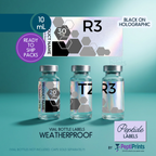 A promotional graphic for peptide vial bottle labels showing three clear vials with silver caps on a teal gradient background, plus a large sample label design at the top and text reading 'BLACK ON HOLOGRAPHIC,' 'READY TO SHIP PACKS,' '10 mL,' '30 mg,' and 'PeptiPrints.' The product being sold appears to be the label design/print service rather than the vials themselves, so this is best classified as Other rather than Product/Packaging.