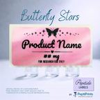 A pink rectangular peptide label mockup with a butterfly and stars, shown above three small vials. Text reads 'Butterfly Stars' and 'Product Name ## mg FOR RESEARCH USE ONLY.