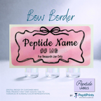 A digital preview of a customizable peptide label sticker with a pink watercolor background, black decorative border, and placeholder text 'Peptide Name' and '## MG For Research Use Only'. The image shows three small vials at the bottom and branding for 'PeptiPrints' with the text 'Bow Border' at the top.