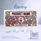 A digital mockup of a custom peptide label template named 'Raindrop' by PeptidePrints, showing a pink and black patterned label card above three small glass vials on a light blue background.