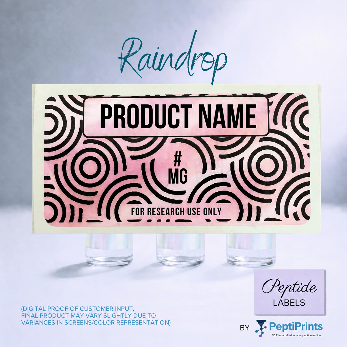 A digital mockup of a custom peptide label template named 'Raindrop' by PeptidePrints, showing a pink and black patterned label card above three small glass vials on a light blue background.