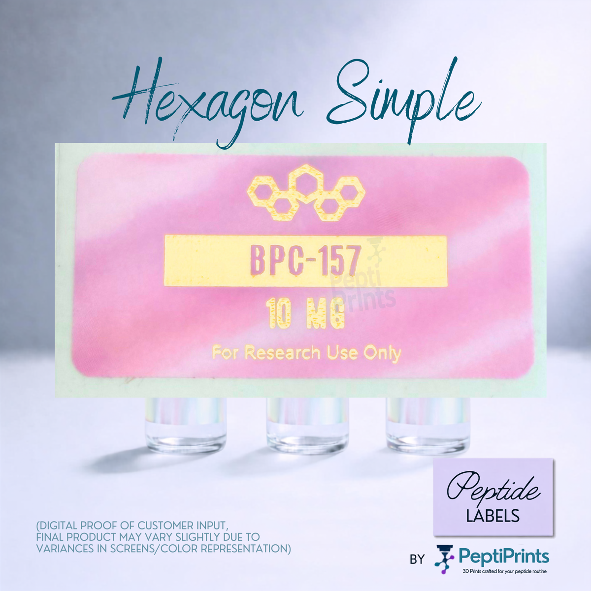 A product mockup showing three small clear vials beneath a pink rectangular label with a yellow hexagon graphic and the text 'Hexagon Simple', '10 MG', and 'For Research Use Only'. The PeptiPrints logo appears in the lower right corner.