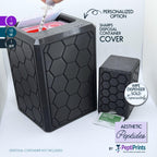 3D-printed hexagon syringe disposal cover on a bathroom counter, styled to look like a decorative diffuser rather than a medical sharps bin