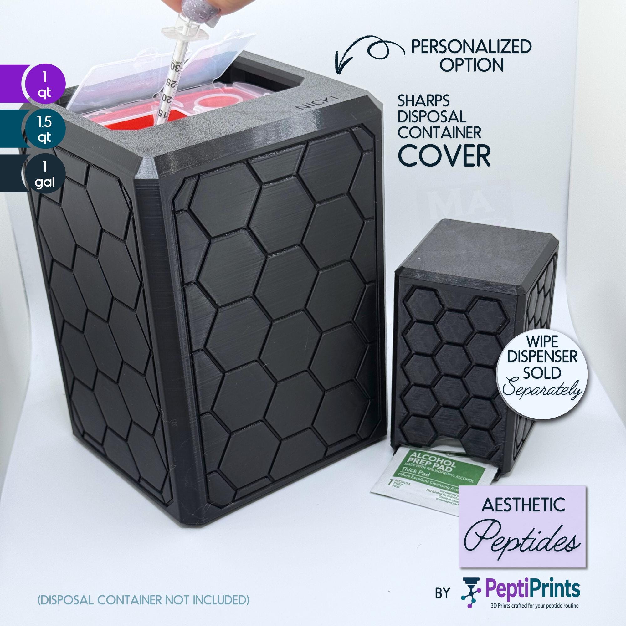 3D-printed hexagon syringe disposal cover on a bathroom counter, styled to look like a decorative diffuser rather than a medical sharps bin