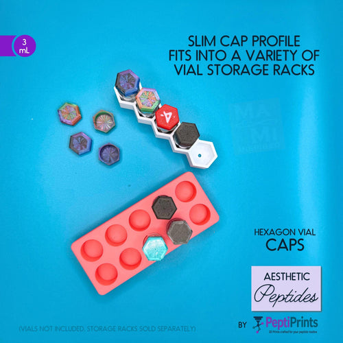 Hexagon Shaped Peptide Vial Cap Covers • Brand Color Aligned Vial Lids • Reusable Vial Cover • Silky Hexagon