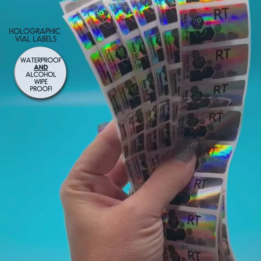 Peptide Vial Labels Ready-to-Ship — Holographic Labels with Black - Simple Hexagon Design